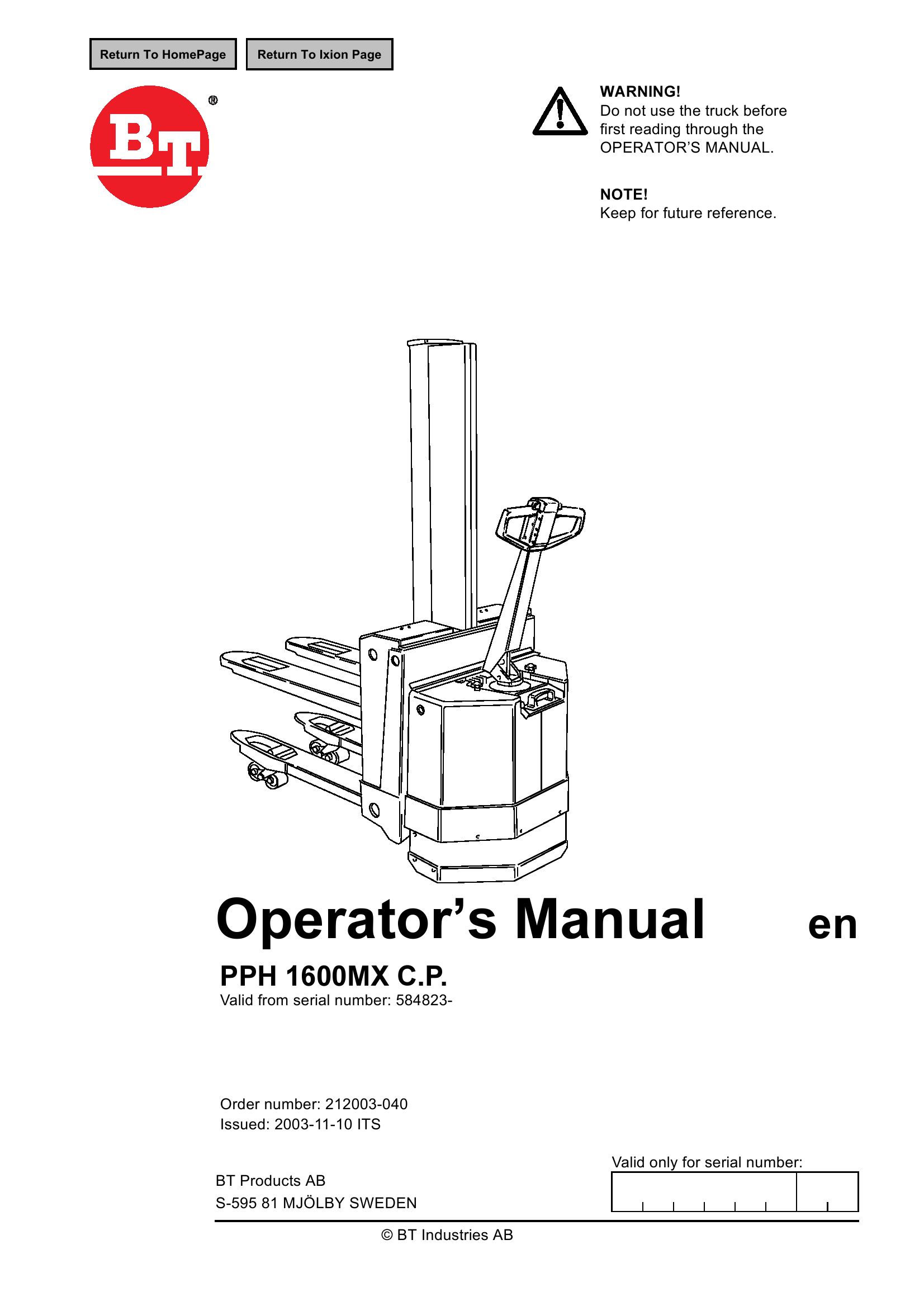 BT Forklift PPH 1600MX C.P. Operators Manual