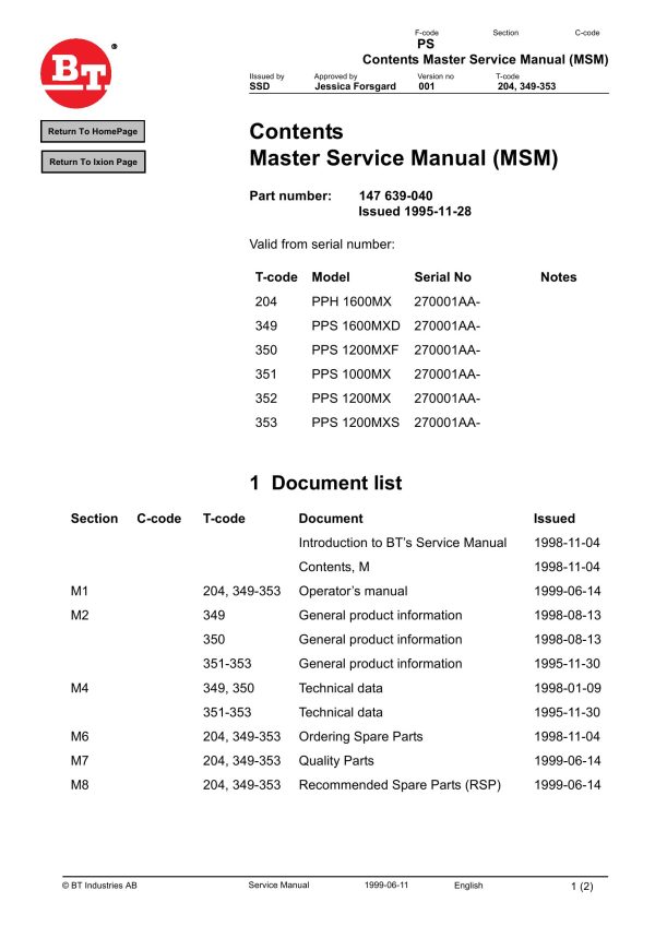 BT Forklift PPH1600 PPS1600 PPS1200 PPS1000 Service Manual