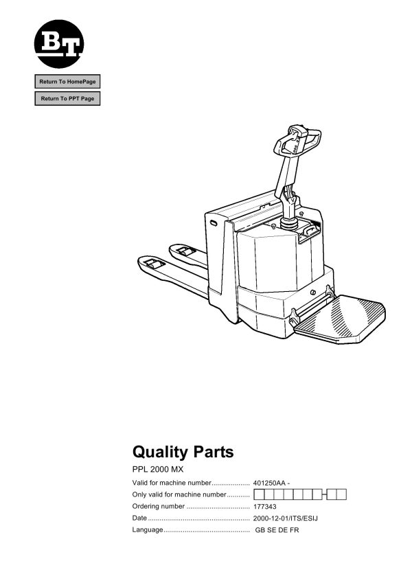 BT Forklift PPL2000MX Parts Catalog EN SV DE FR