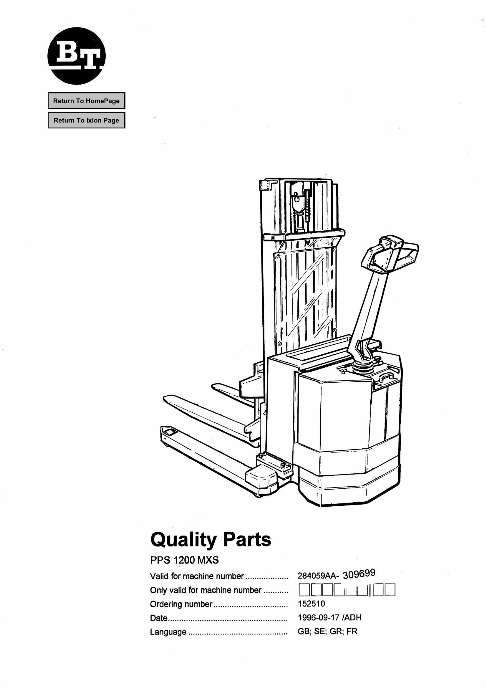 BT Forklift PPS1200MXS Parts Catalog EN SV DE FR