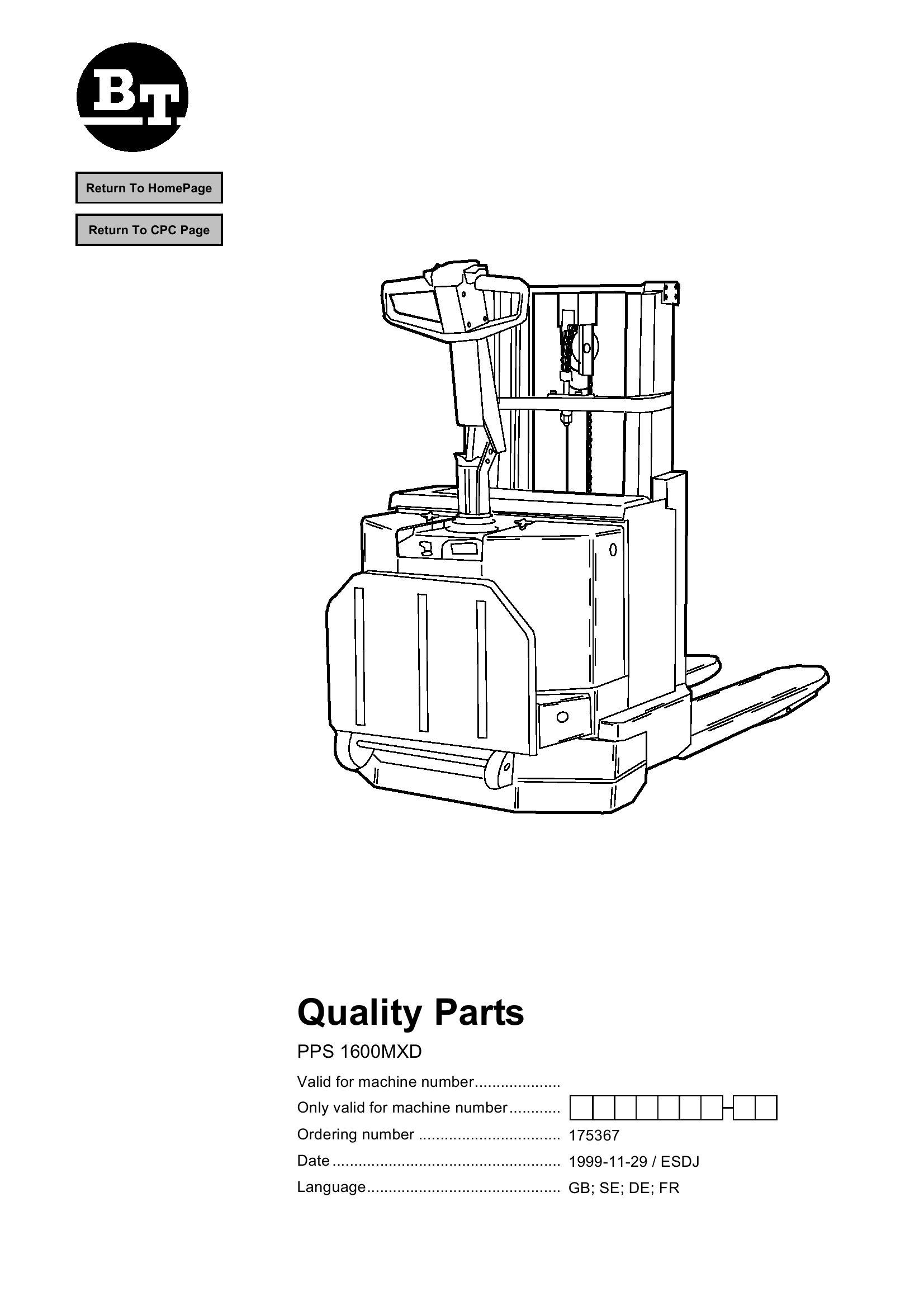 BT Forklift PPS1600MXD Parts Catalog EN SV DE FR