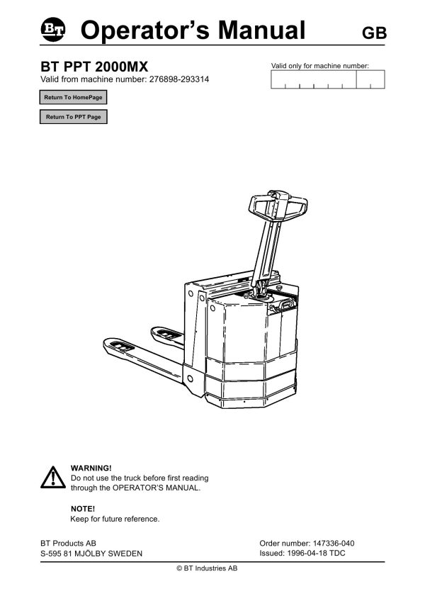 BT Forklift PPT2000MX Operators Manual