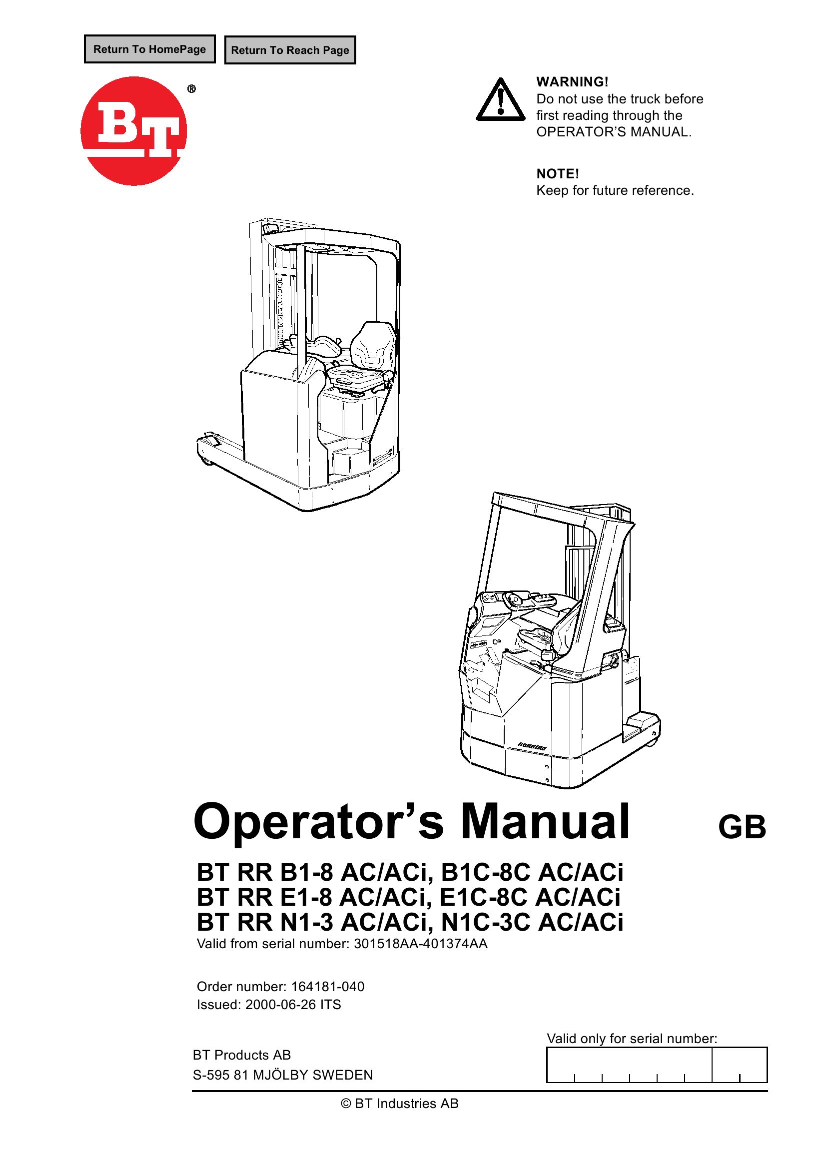 BT Forklift RR B1 to N1 B1C to N1C AC ACi Operators Manual