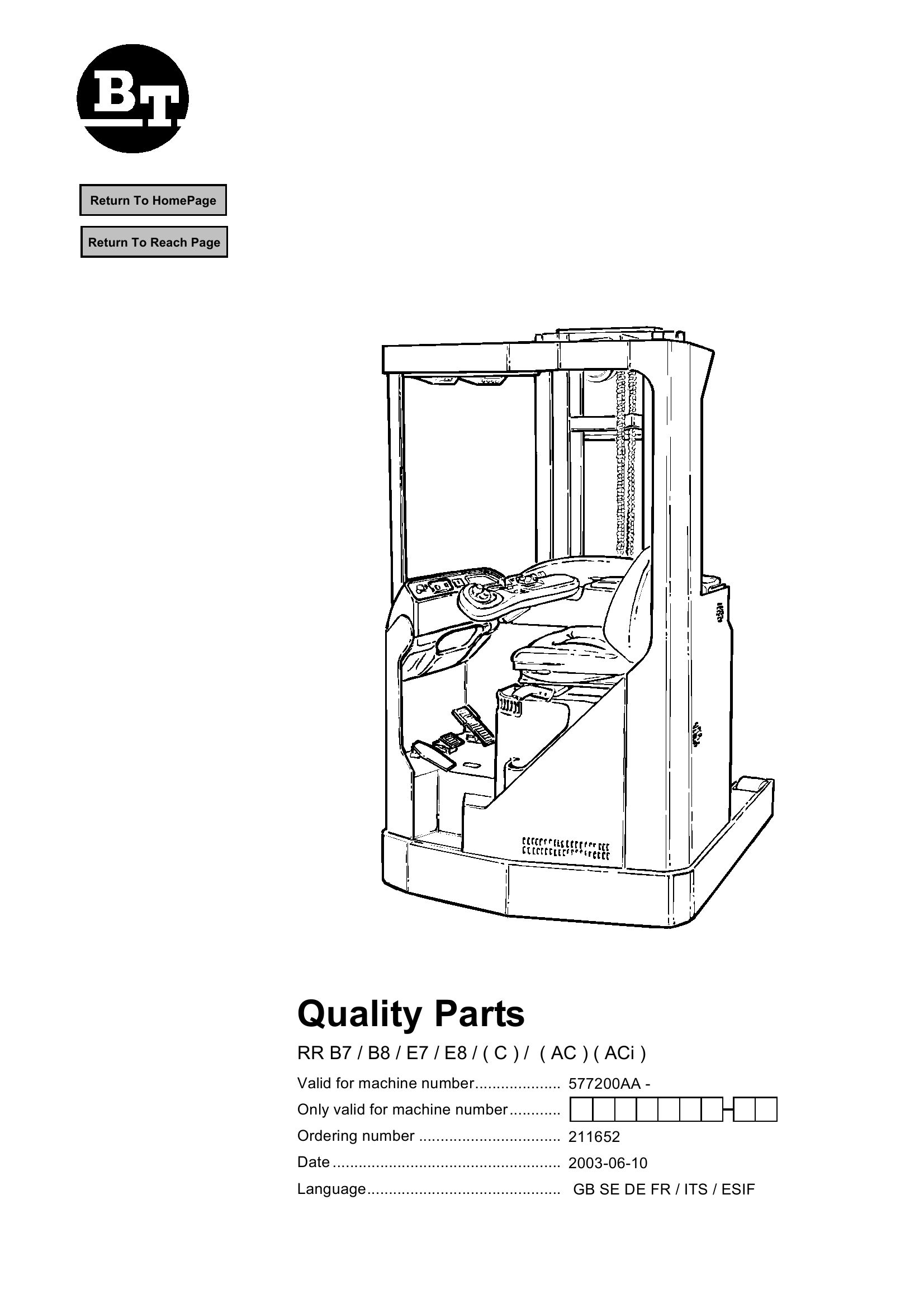 BT Forklift RR B7 B8 E7 E8 C AC ACi Parts Catalog EN SV DE FR