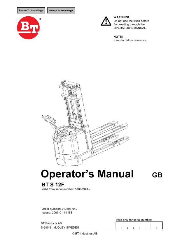 BT Forklift S 12F Operators Manual
