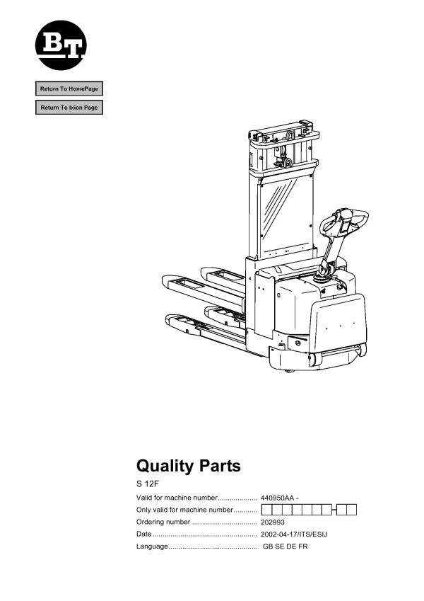BT Forklift S 12F Parts Catalog