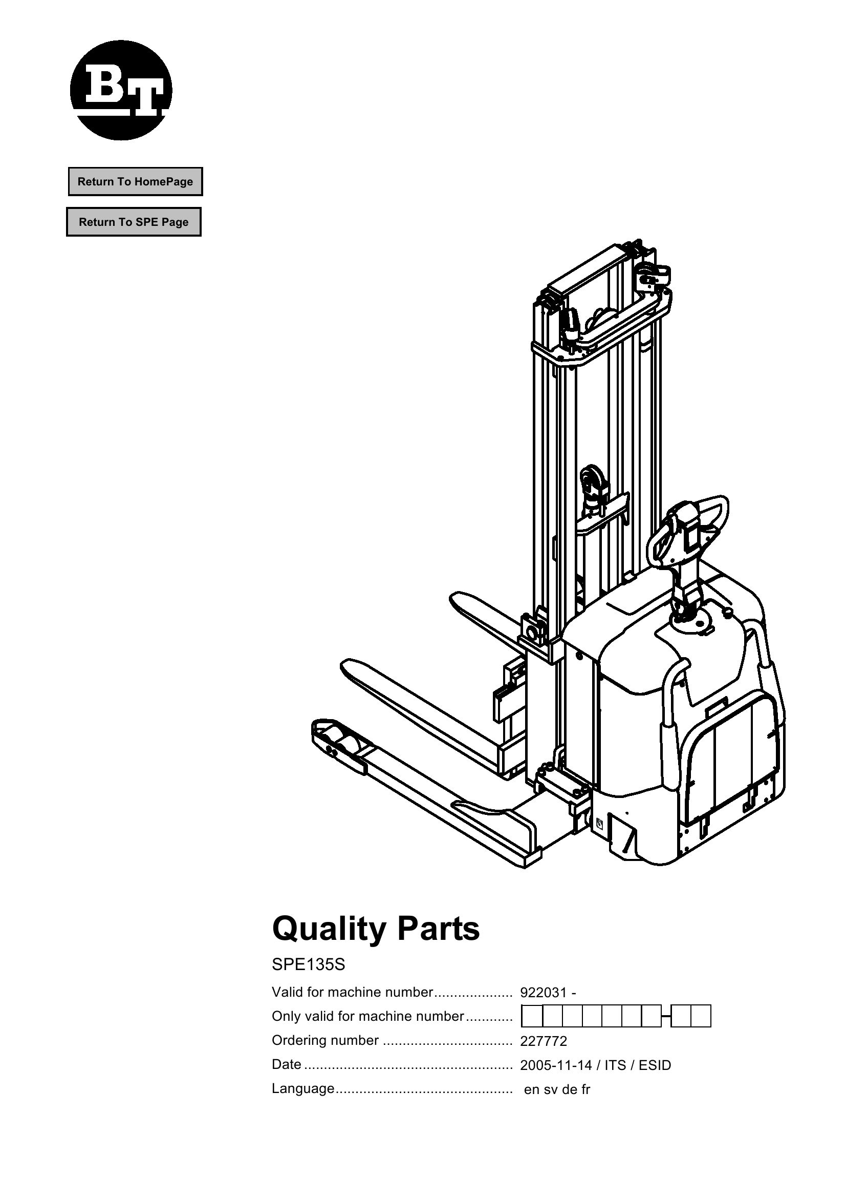 BT Forklift SPE135S Parts Catalog
