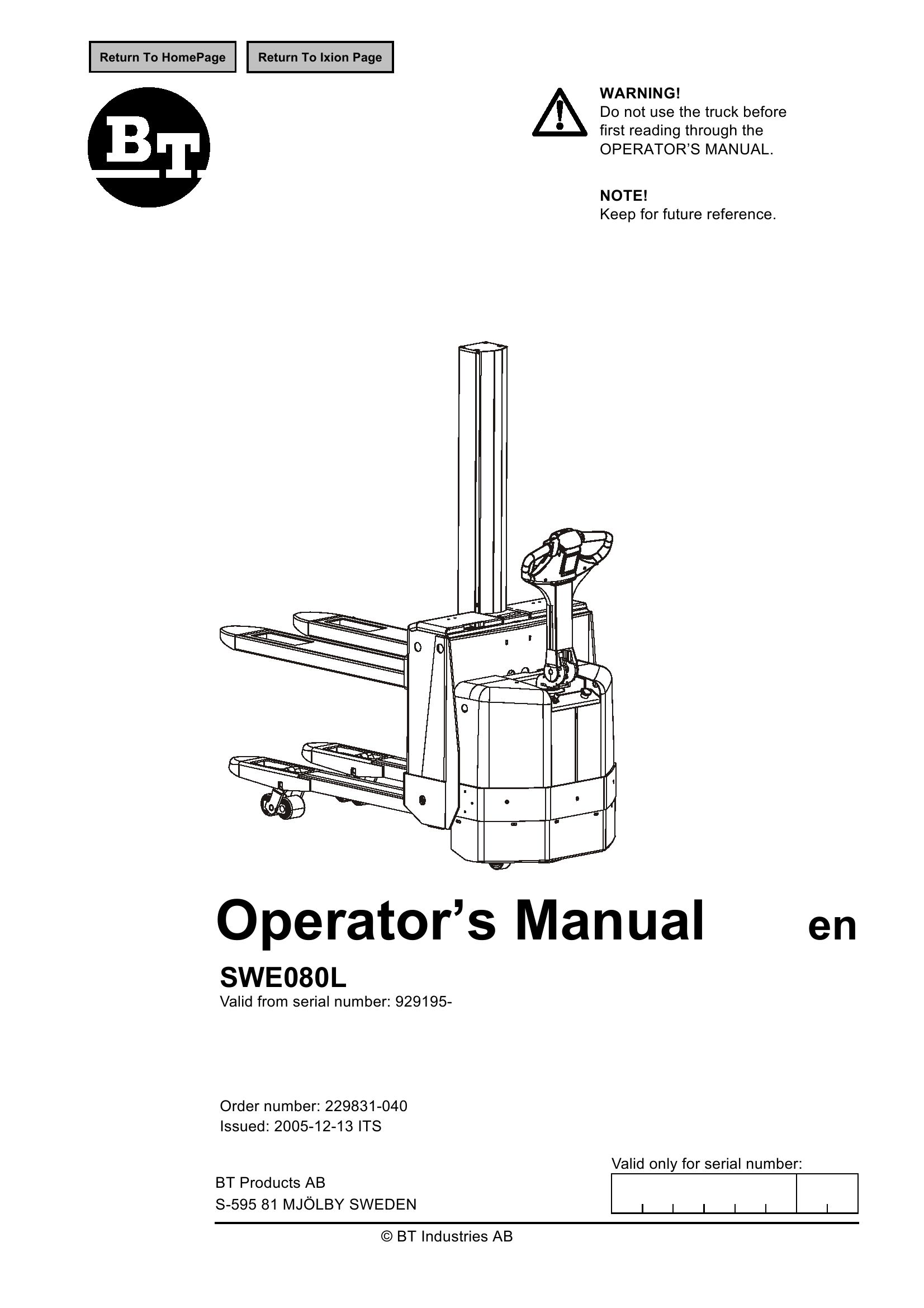 BT Forklift SWE080L Operators Manual 1