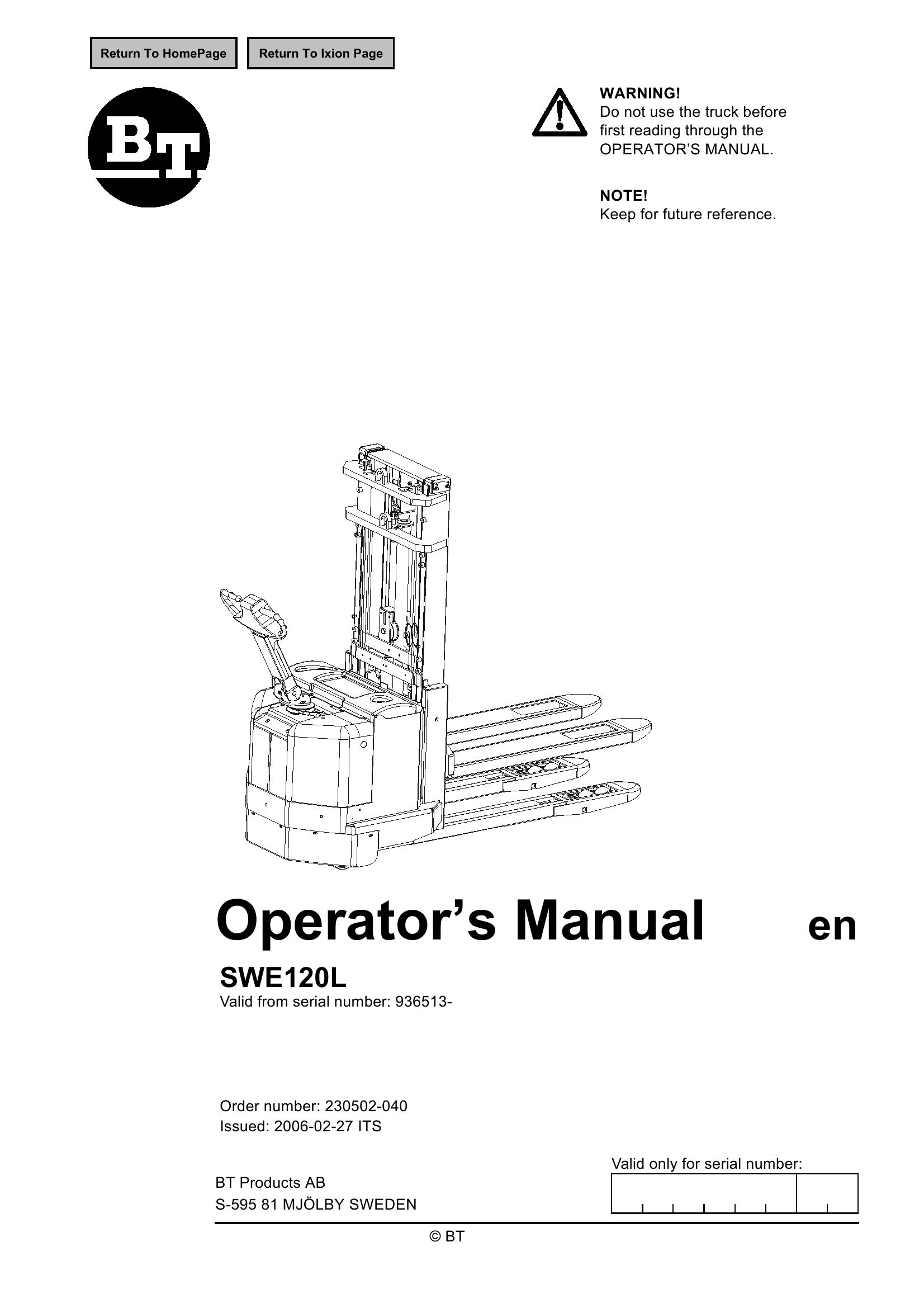 BT Forklift SWE120L Operators Manual