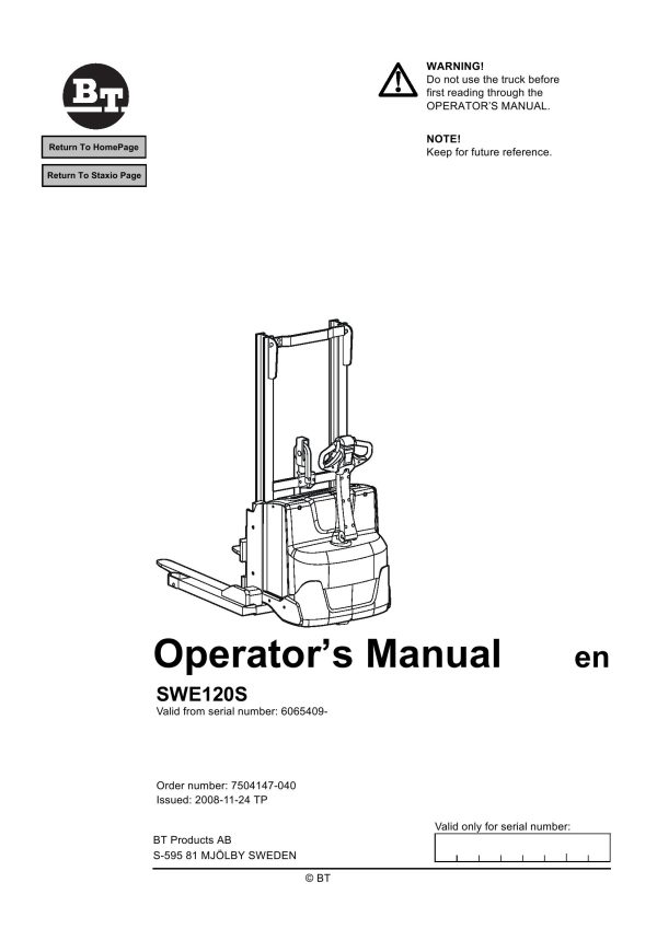 BT Forklift Staxio SWE120S Operators Manual