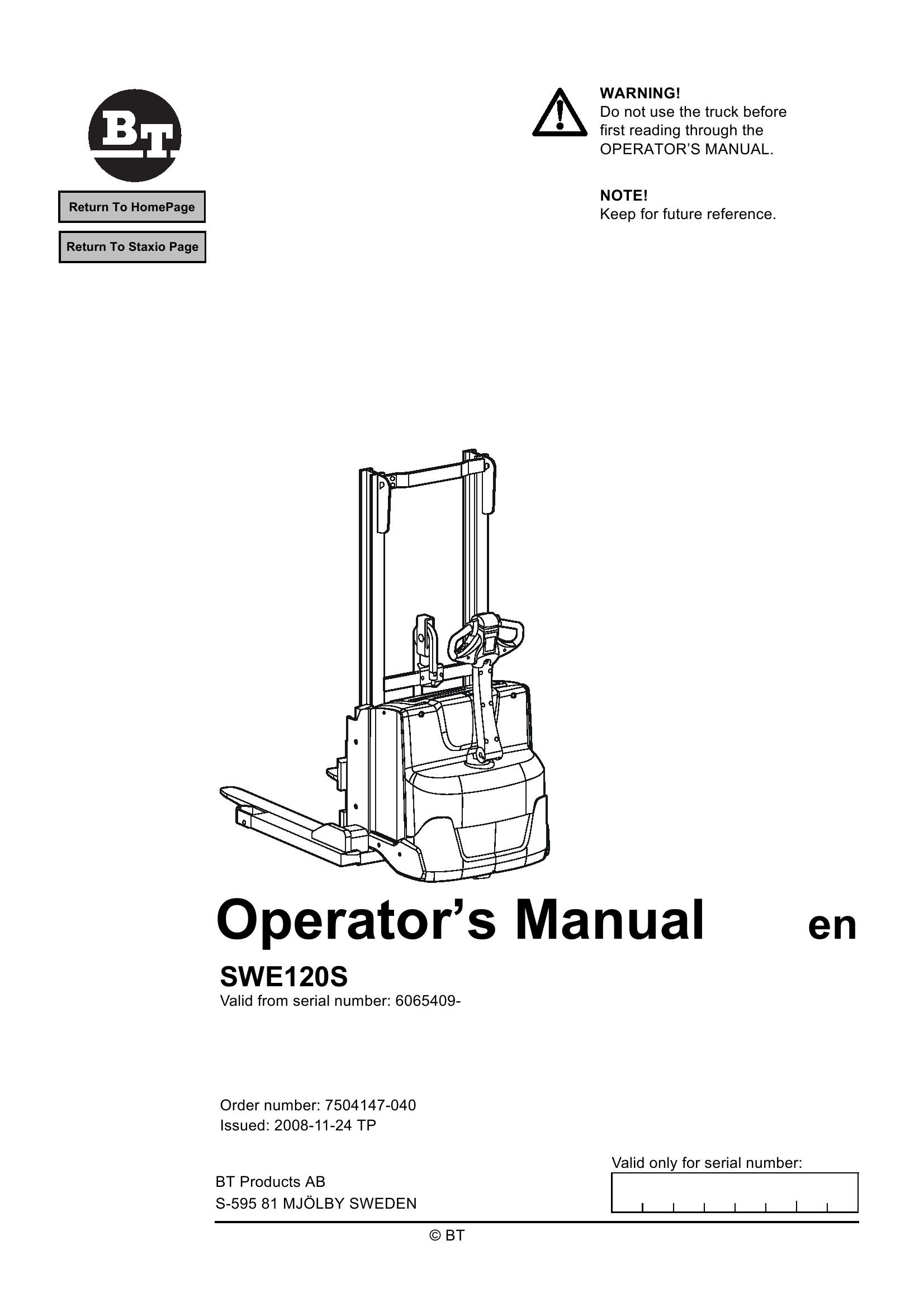 BT Forklift Staxio SWE120S Operators Manual