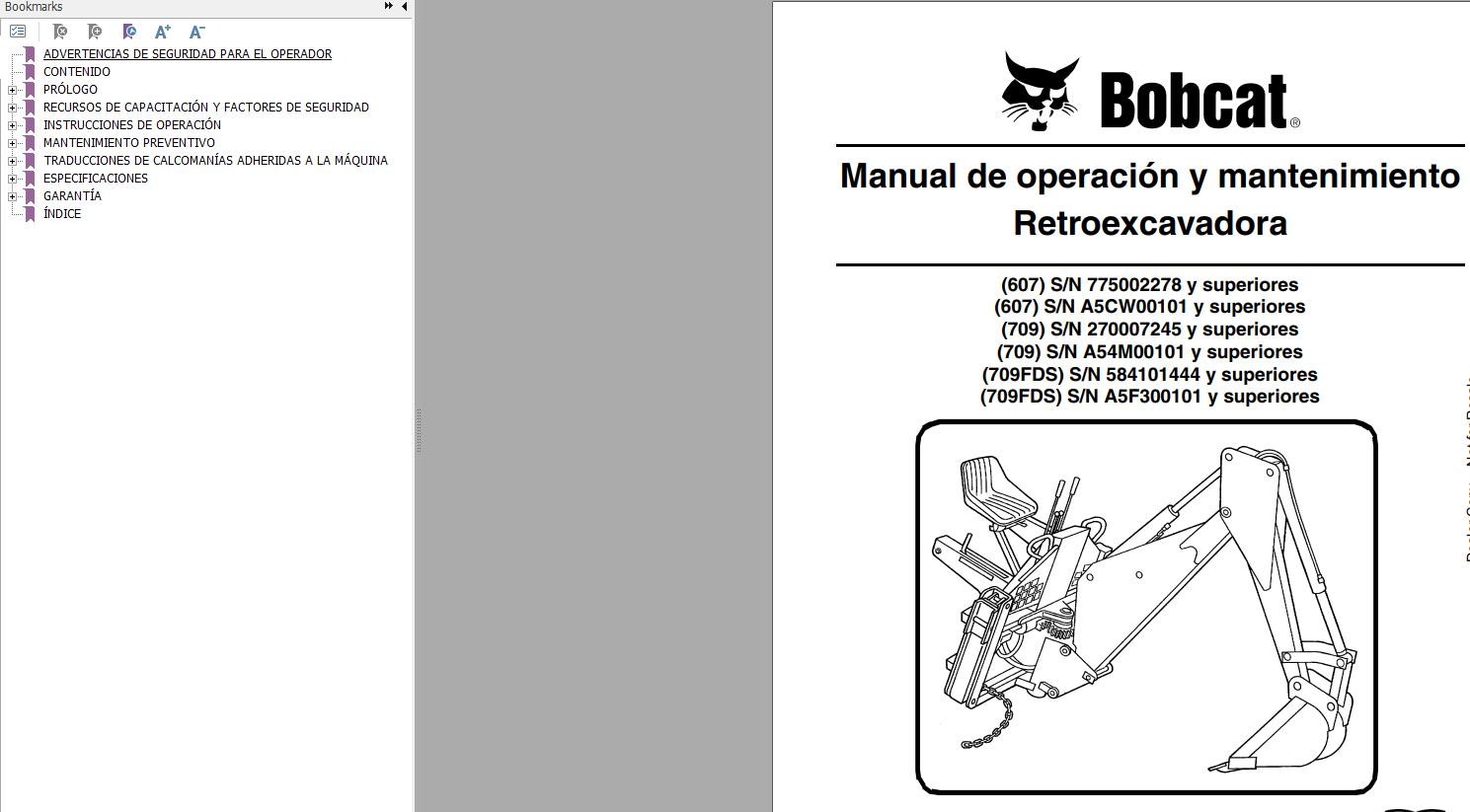 Bobcat Backhoe 607 709 709FDS Operation Maintenance Manual ES