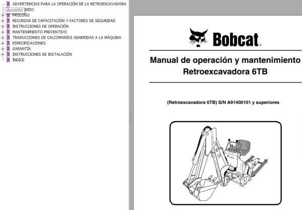 Bobcat Backhoe 6TB Operation Maintenance Manual 6986708 ES