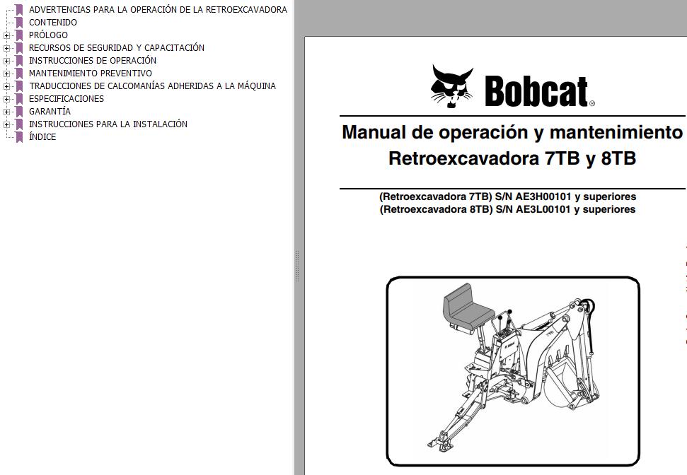 Bobcat Backhoe 7TB 8TB Operation Maintenance Manual 6987138 ES