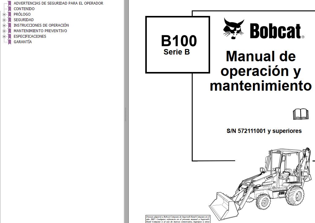 Bobcat Backhoe Loader B100 Series B Operation Maintenance Manual 6902605 ES
