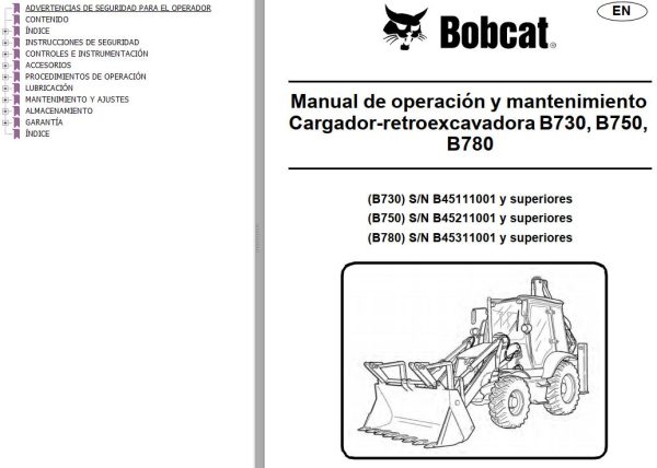 Bobcat Backhoe Loader B730 B750 B780 Operation Maintenance Manual 7286755 ES