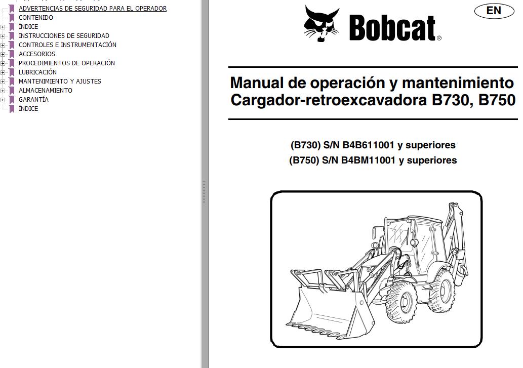 Bobcat Backhoe Loader B730 B750 Operation Maintenance Manual 7306285 ES