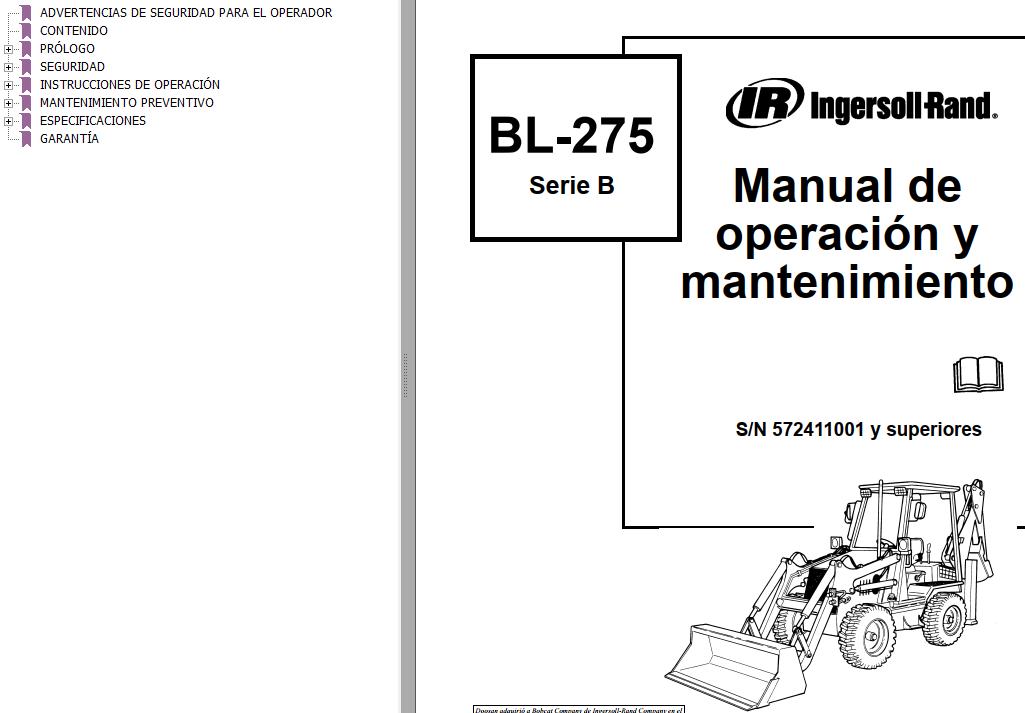 Bobcat Backhoe Loader BL275 Series B Operation Maintenance Manual 6902655 ES