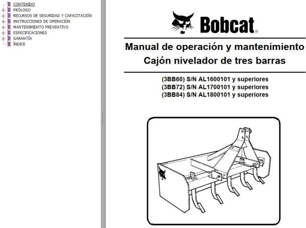 Bobcat Blade Box 3BB60 3BB72 3BB84 Operation Maintenance Manual 6989542 ES