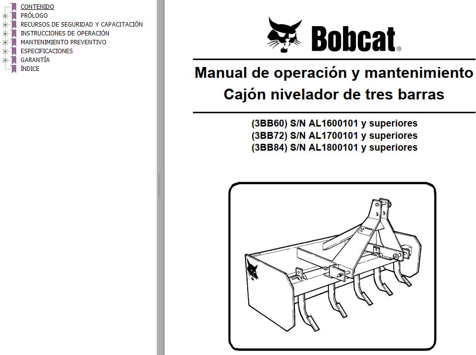 Bobcat Blade Box 3BB60 3BB72 3BB84 Operation Maintenance Manual 6989542 ES
