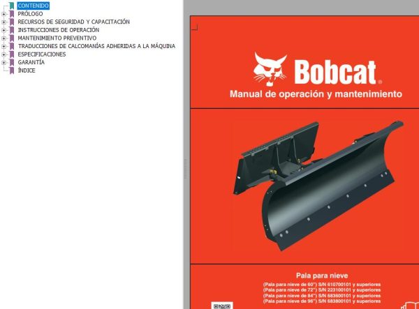 Bobcat Blade Snow 60 72 84 96 Operation Maintenance Manual 6900659 ES