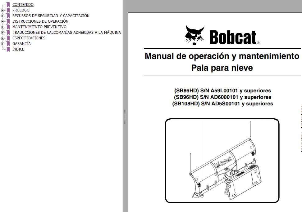 Bobcat Blade Snow SB86HD SB96HD SB108HD Operation Maintenance Manual ES