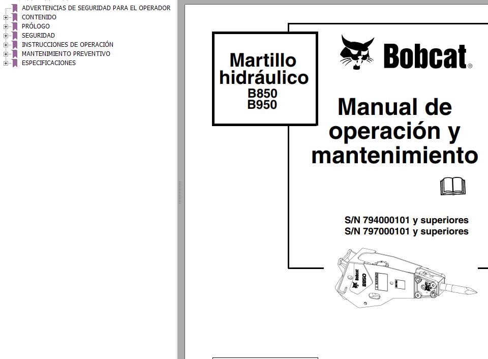 Bobcat Breaker B850 B950 Operation Maintenance Manual 6901134 ES