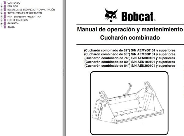 Bobcat Combination Bucket 62 68 74 80 84 Operation Maintenance Manual 6987340 ES