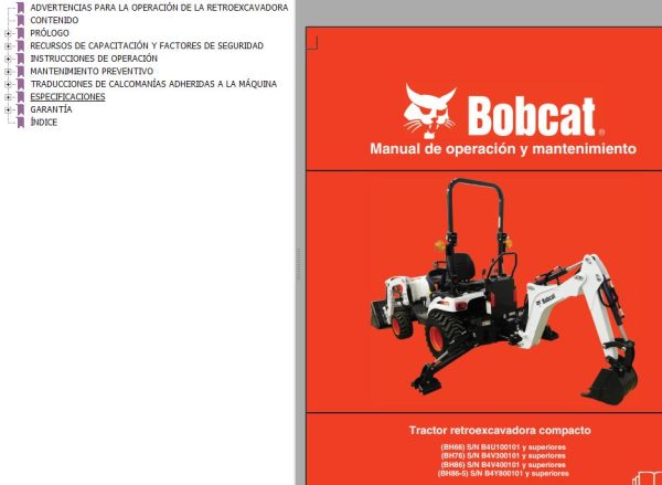 Bobcat Compact Backhoe Tractor BH66 BH76 BH86 BH86 5 Operation Maintenance Manual 7376988 ES
