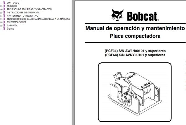 Bobcat Compactor Plate PCF34 PCF64 Operation Maintenance Manual 6990311 ES