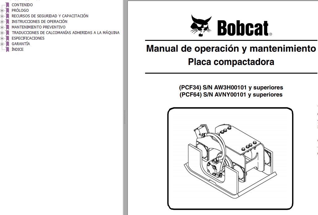Bobcat Compactor Plate PCF34 PCF64 Operation Maintenance Manual 6990311 ES