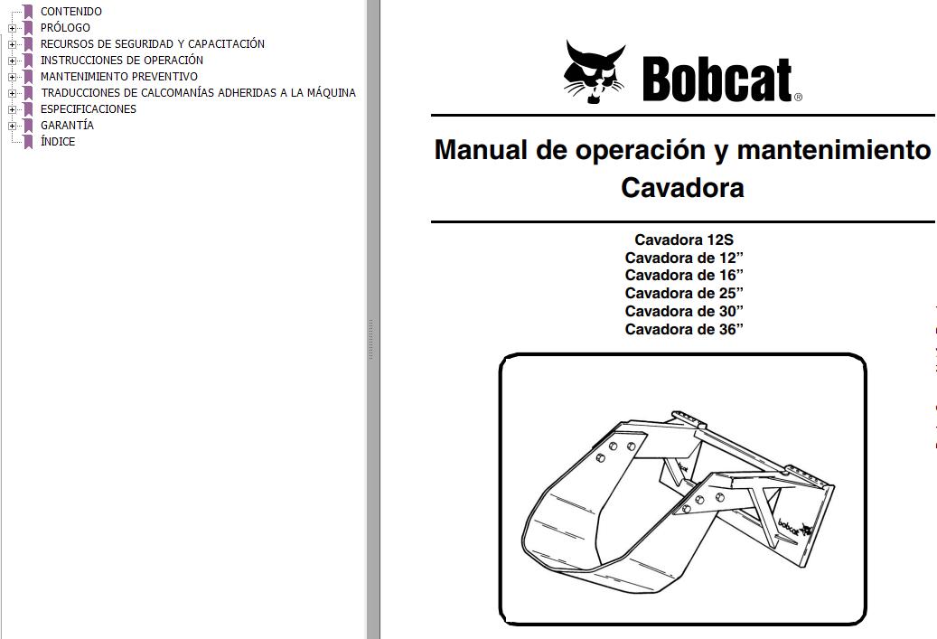 Bobcat Digger 12 12S 16 25 30 36 Operation Maintenance Manual 6900948 ES