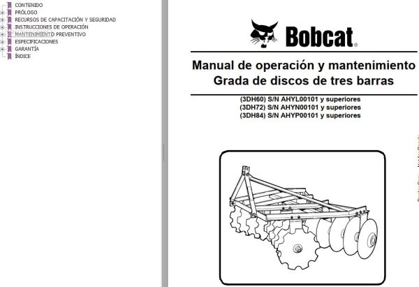 Bobcat Disc Harrow 3DH60 3DH72 3DH84 Operation Maintenance Manual 6989428 ES