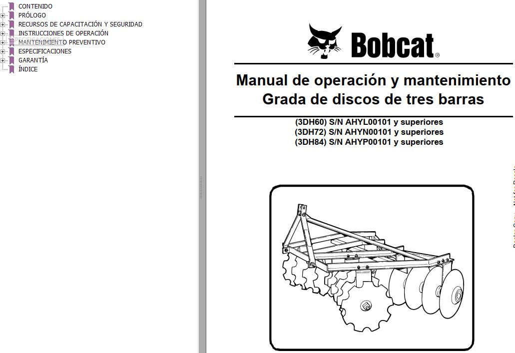 Bobcat Disc Harrow 3DH60 3DH72 3DH84 Operation Maintenance Manual 6989428 ES