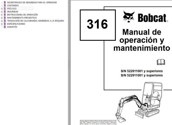 Bobcat Excavator 316 Operation Maintenance Manual 6902283 ES