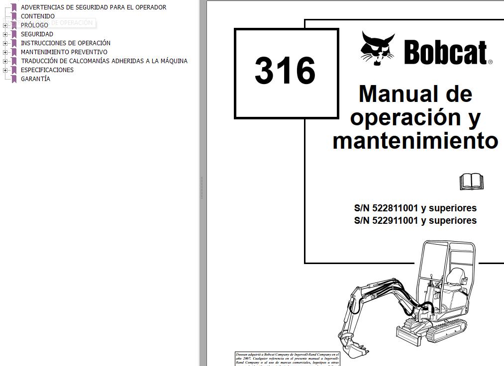 Bobcat Excavator 316 Operation Maintenance Manual 6902283 ES