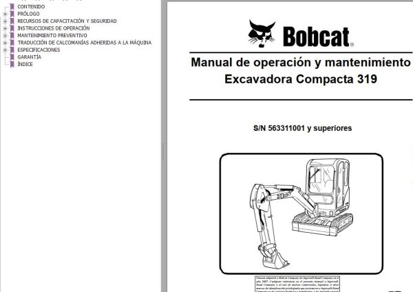 Bobcat Excavator 319 Operation Maintenance Manual 6904116 ES