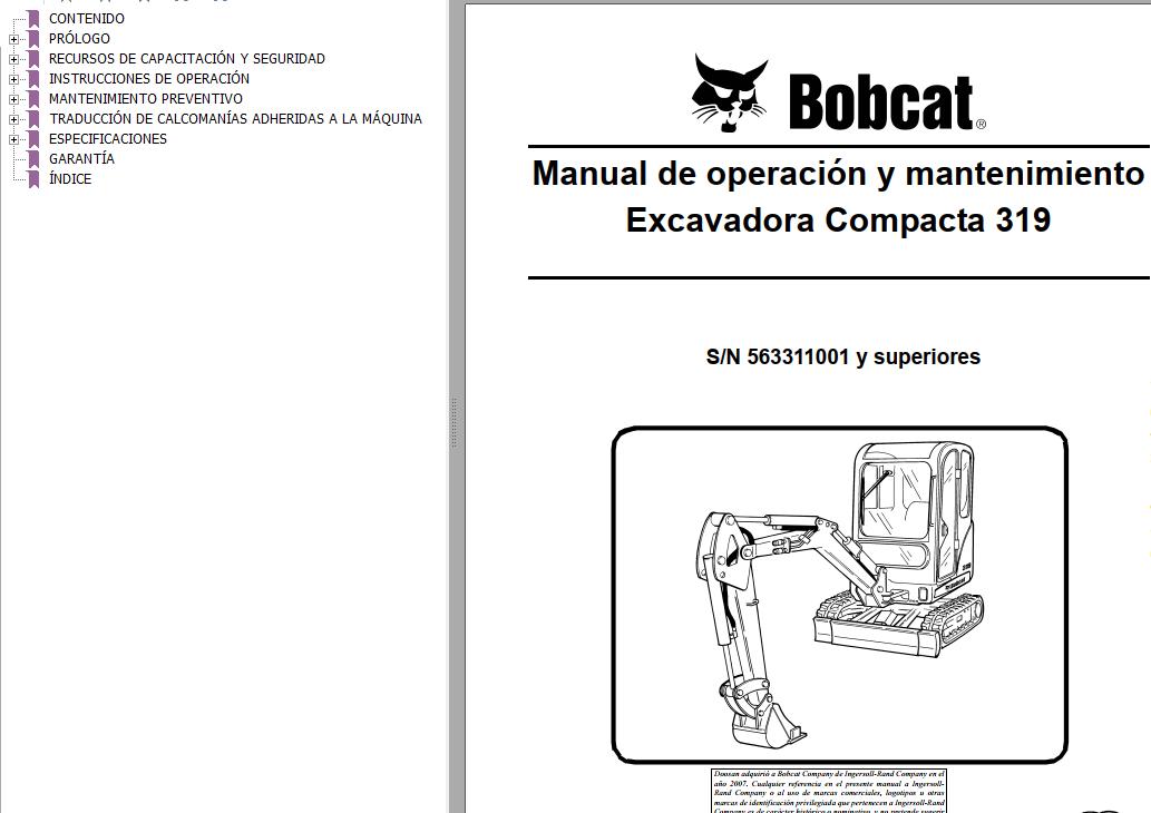 Bobcat Excavator 319 Operation Maintenance Manual 6904116 ES