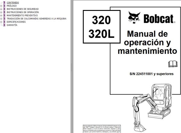 Bobcat Excavator 320 320L Operation Maintenance Manual 6903817 ES
