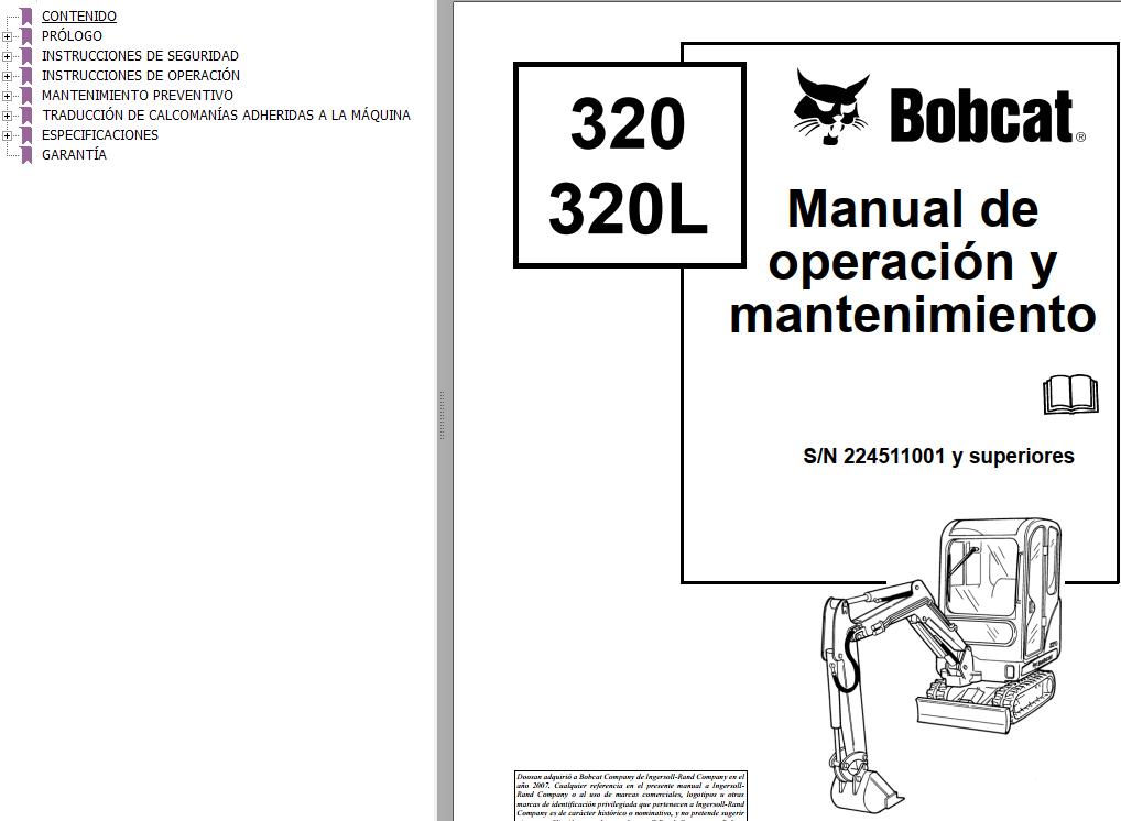 Bobcat Excavator 320 320L Operation Maintenance Manual 6903817 ES