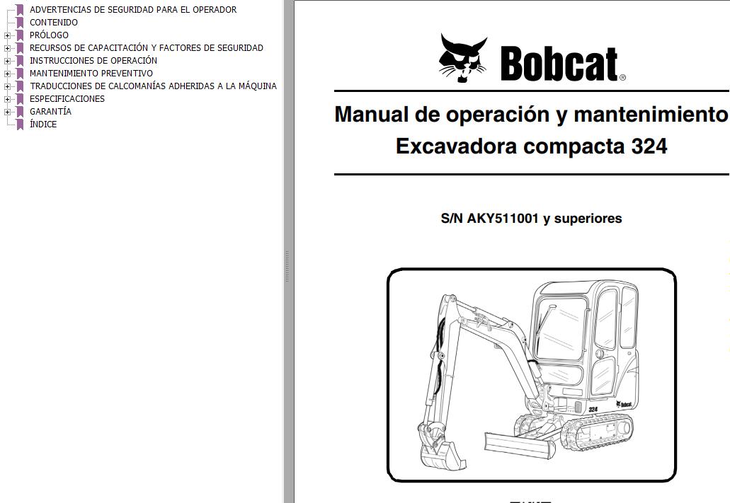 Bobcat Excavator 324 Operation Maintenance Manual 6989592 ES