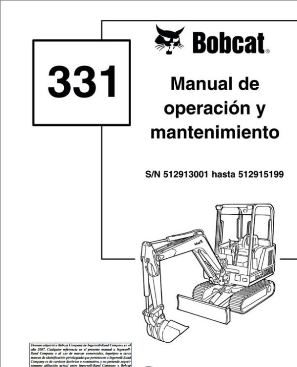 Bobcat Excavator 331 Operation Maintenance Manual 6724466 ES