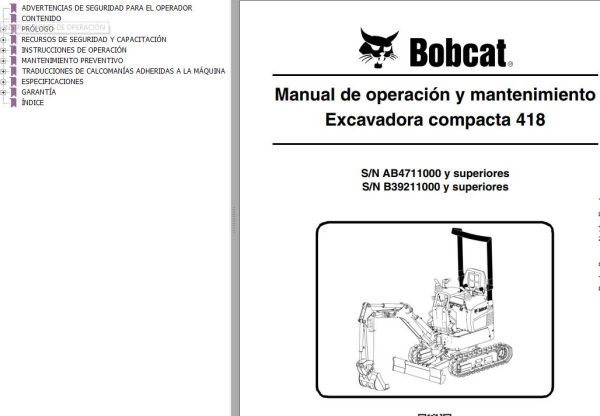 Bobcat Excavator 418 Operation Maintenance Manual 6986852 ES