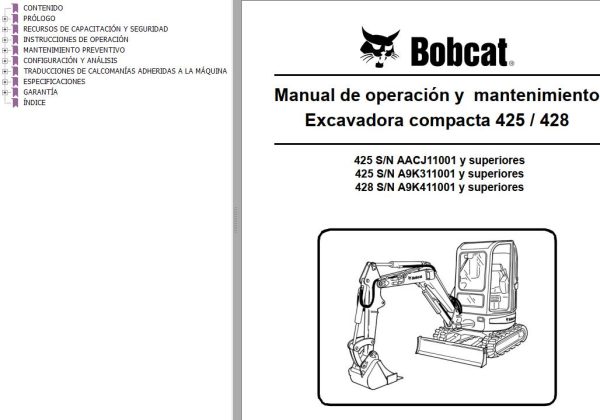 Bobcat Excavator 425 428 Operation Maintenance Manual 6986951 ES
