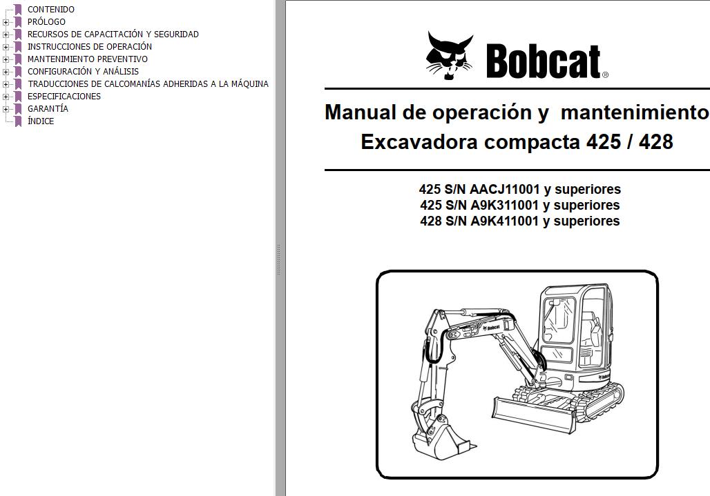 Bobcat Excavator 425 428 Operation Maintenance Manual 6986951 ES