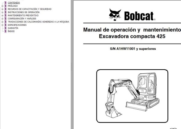 Bobcat Excavator 425 Operation Maintenance Manual 6904865 ES