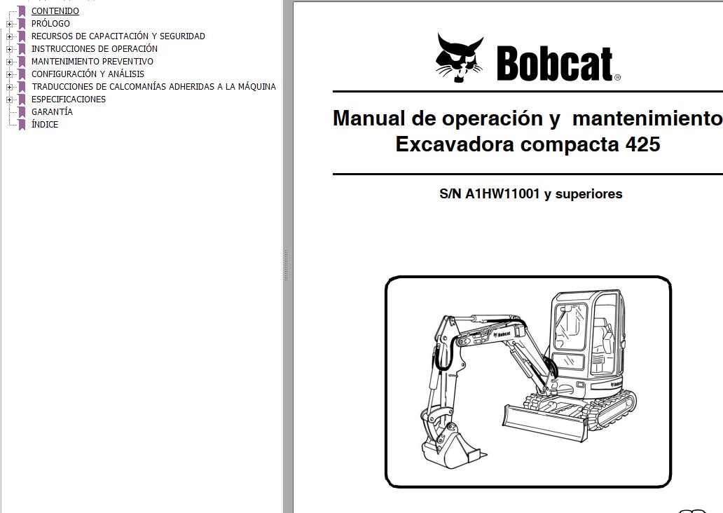 Bobcat Excavator 425 Operation Maintenance Manual 6904865 ES