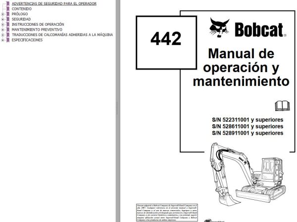 Bobcat Excavator 442 Operation Maintenance Manual ES