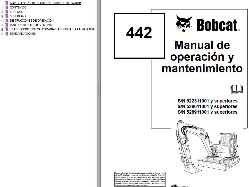 Bobcat Excavator 442 Operation Maintenance Manual ES