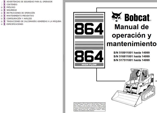 Bobcat Excavator 864 Operation Maintenance Manual 6900953 ES